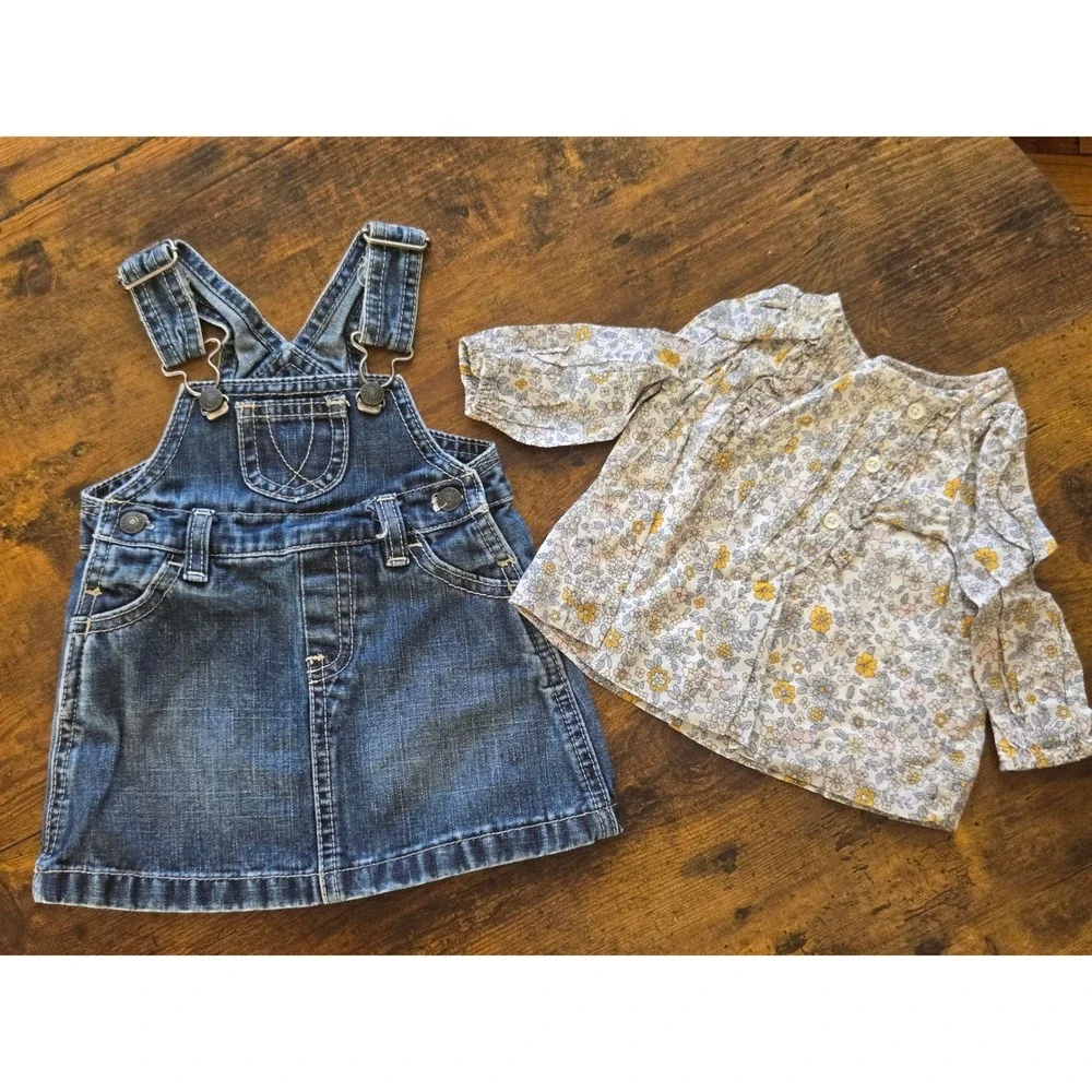 Vtg Old Navy Denim Overall Dress & babyGap Floral Blouse‎ Set 3-6 Mos Blue White